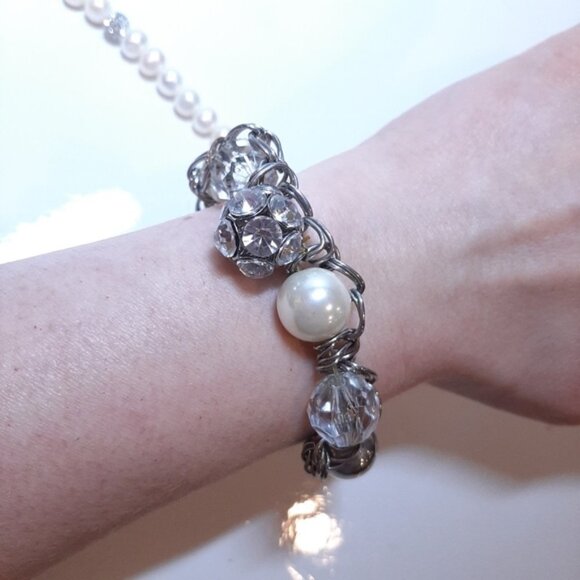 4Pc Set Faux Pearl Silver Chain Jewelry Lariat Knot Necklace Bracelet Tassel - Picture 3 of 13